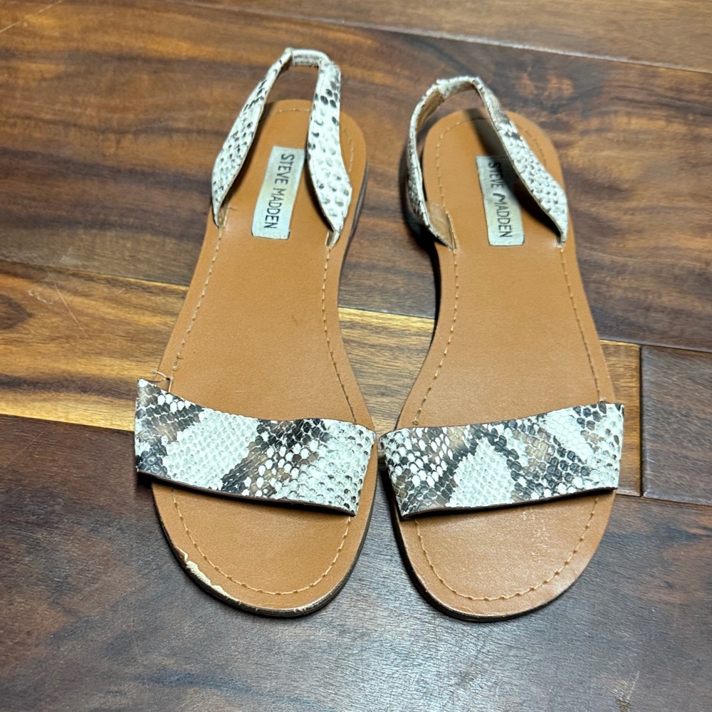 Steve Madden Snake-Print Leather Slide Sandals - Tan/Beige/Brown